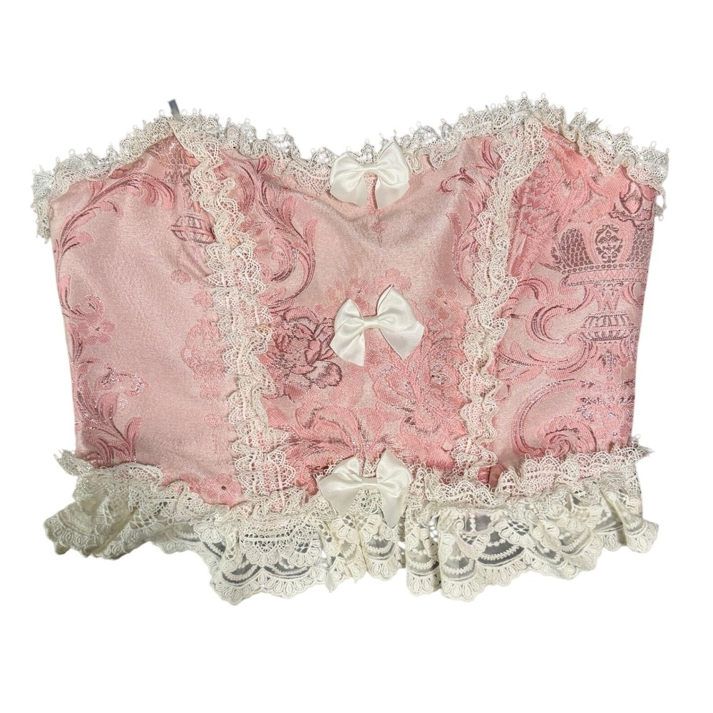 Sugar Thrillz Corset Top Medium Pink Lace Coquette Trim Floral Brocade Bows